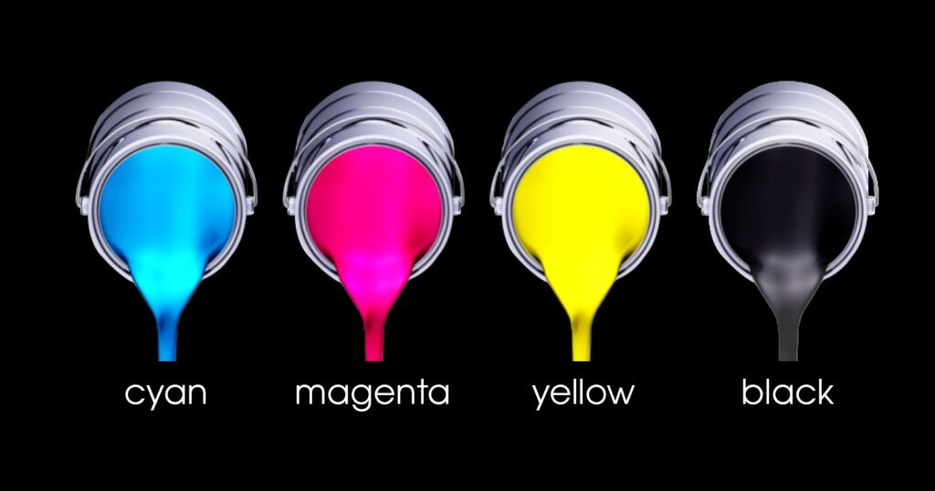 4 paint pots pouring paint, cyan paint, magenta paint, yellow paint and black paint.
